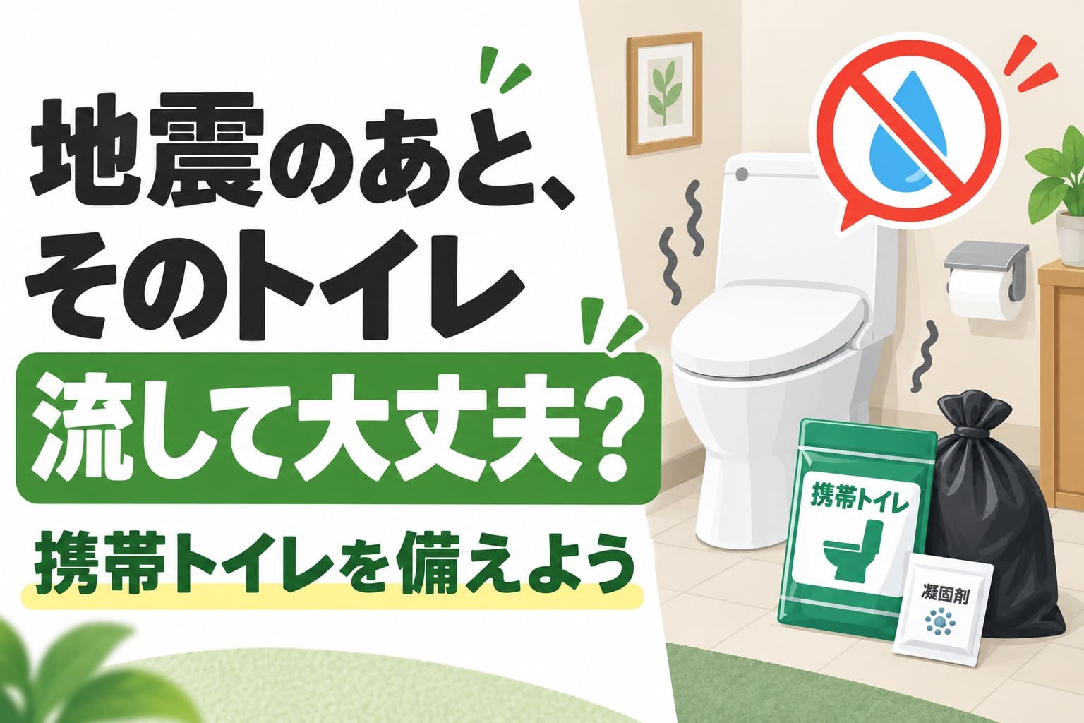 地震後にトイレを流してよいかを問いかけ、携帯トイレの備えを促すアイキャッチ画像。便器、流さない注意マーク、携帯トイレ用品を描いている。