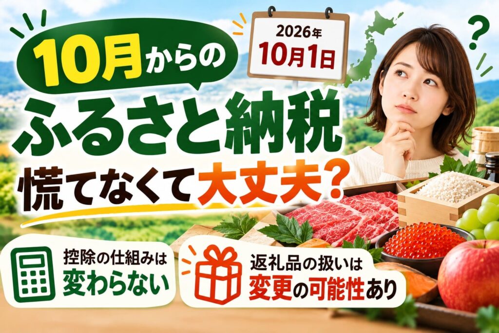 2026年10月からのふるさと納税変更点を解説するアイキャッチ。控除の仕組みは変わらず、返礼品の扱いに変更の可能性があることを示している