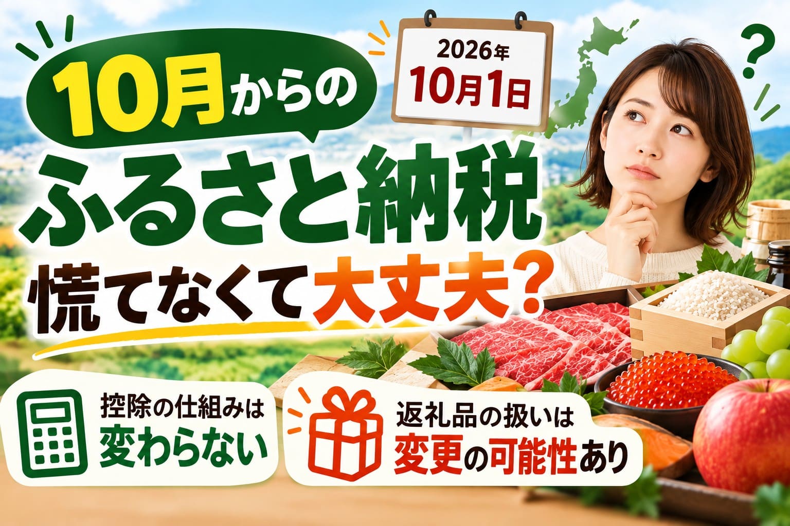 2026年10月からのふるさと納税変更点を解説するアイキャッチ。控除の仕組みは変わらず、返礼品の扱いに変更の可能性があることを示している