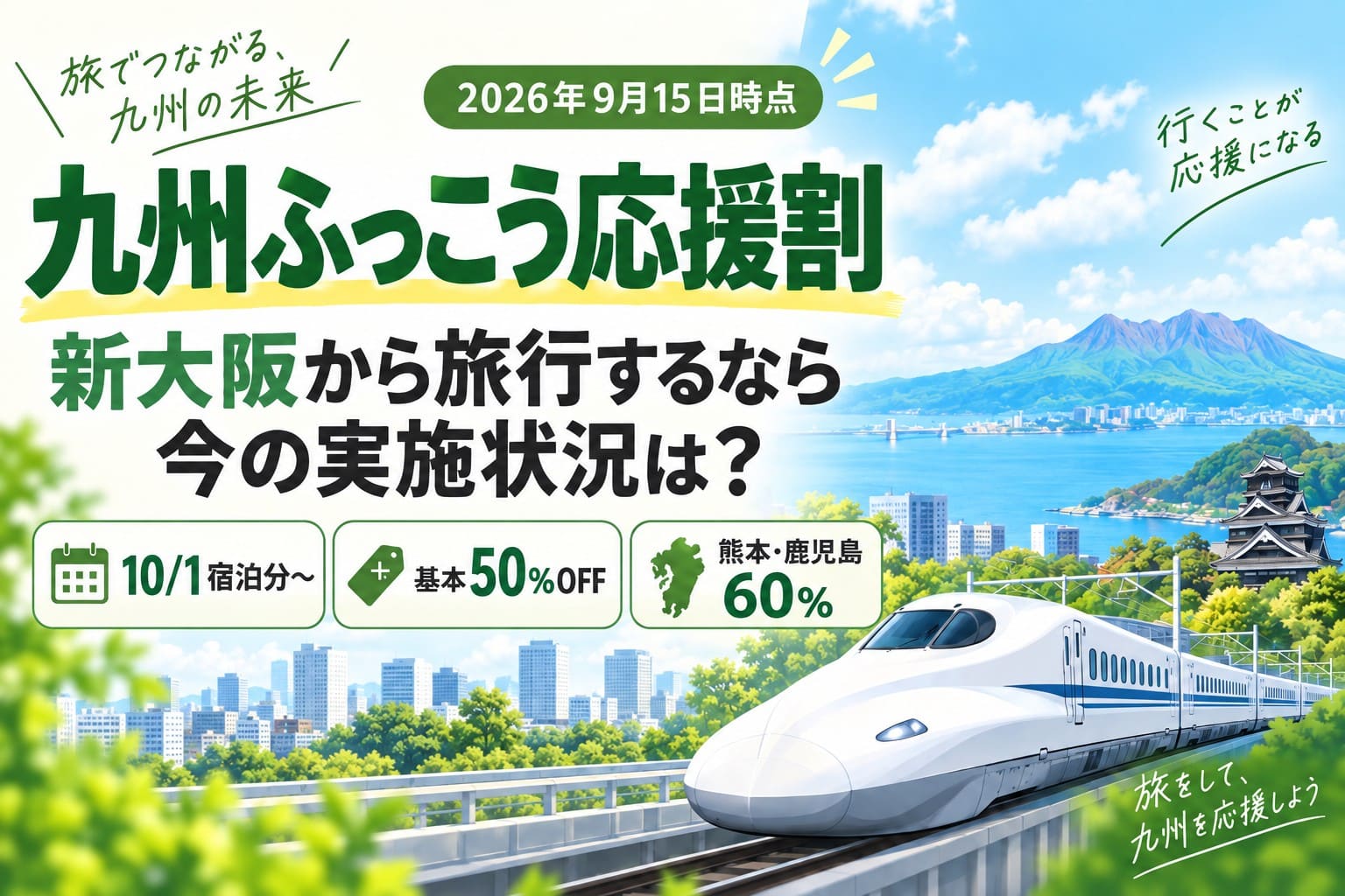 九州ふっこう応援割の実施状況を伝えるアイキャッチ。新幹線と九州をイメージした風景を背景に、2026年10月1日宿泊分から、基本50%OFF、熊本・鹿児島60%と表示。