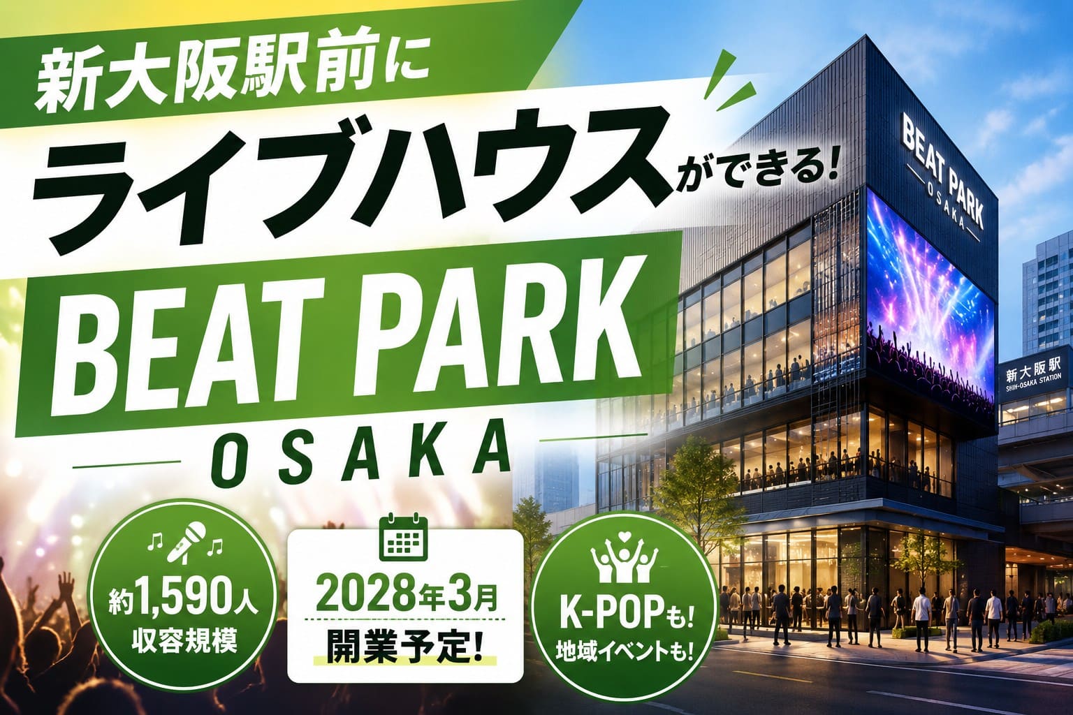 新大阪駅前に2028年3月開業予定のライブハウス「BEAT PARK OSAKA」を紹介するアイキャッチ画像