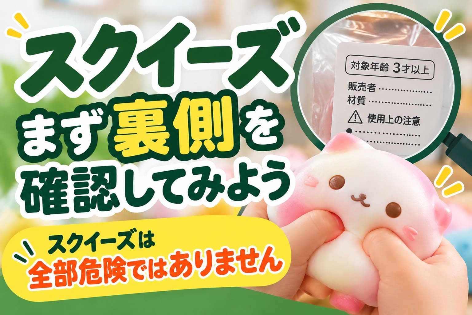 子ども向けスクイーズの裏側にある対象年齢や販売者、使用上の注意などの表示を確認しているイメージ