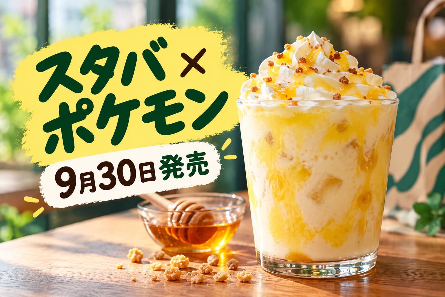 スターバックスとポケモンのコラボをイメージしたハニークリームラテと9月30日発売の文字