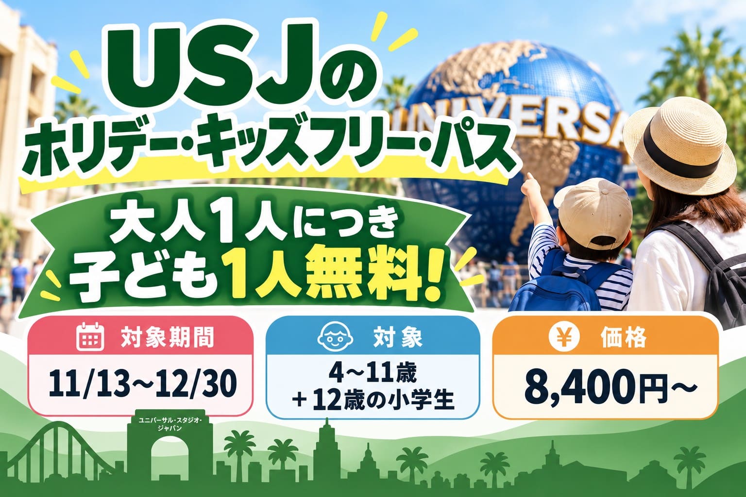 USJホリデー・キッズフリー・パス2026の対象期間・価格・対象年齢を紹介するアイキャッチ