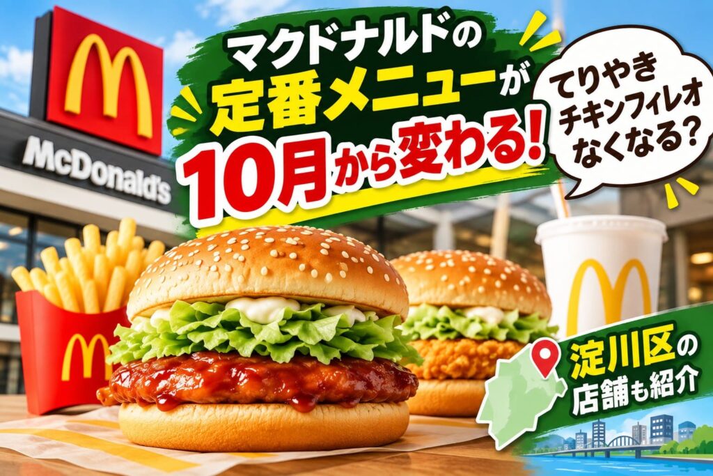 マクドナルドの定番メニューが10月から変わることと、てりやきチキンフィレオの販売終了の可能性、淀川区の店舗情報を紹介するアイキャッチ画像