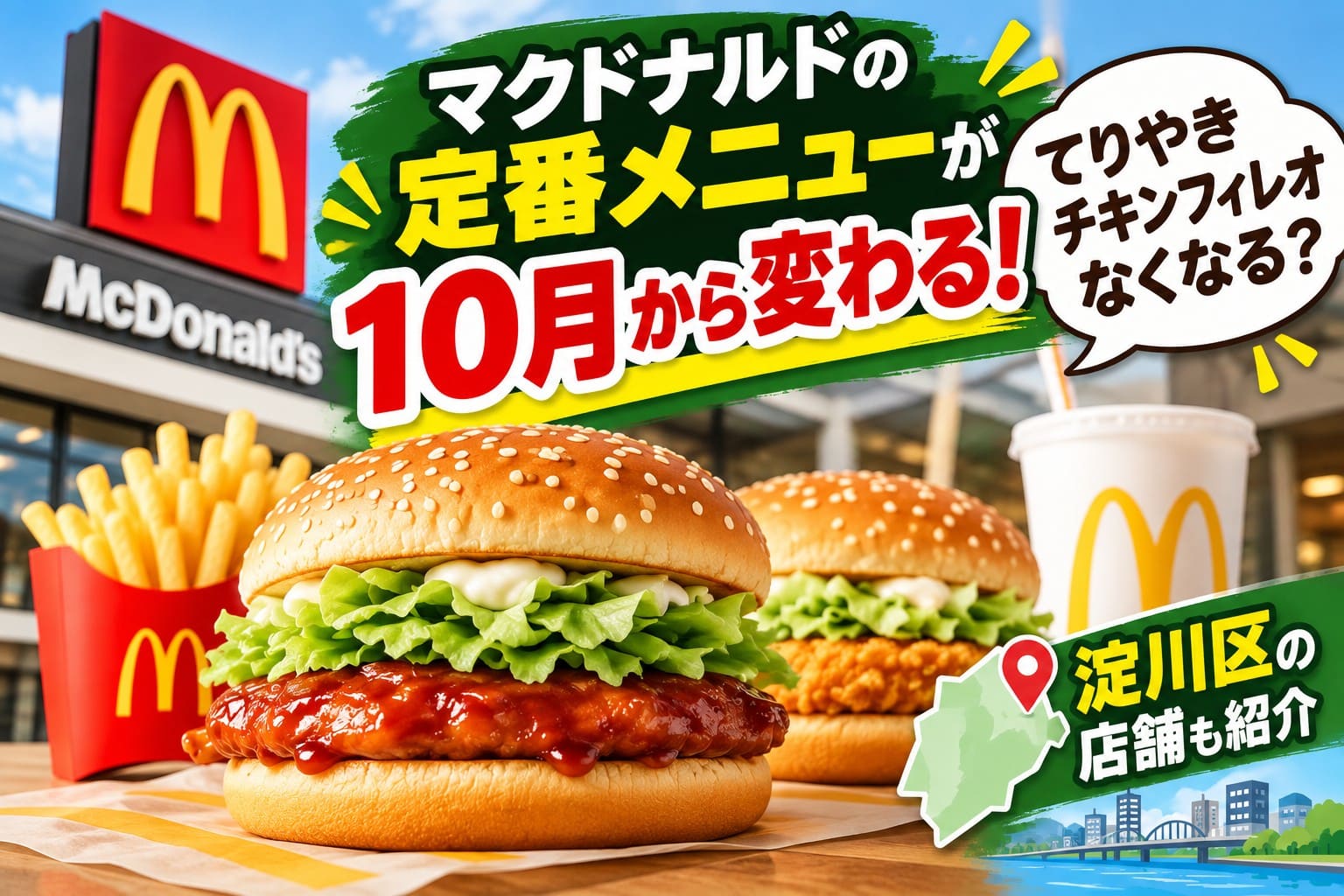 マクドナルドの定番メニューが10月から変わることと、てりやきチキンフィレオの販売終了の可能性、淀川区の店舗情報を紹介するアイキャッチ画像