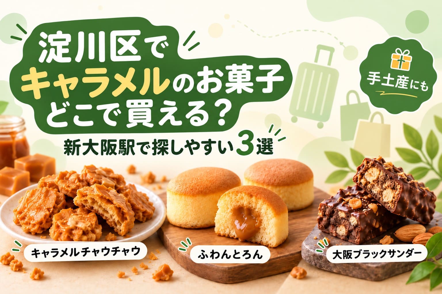 淀川区で買えるキャラメルのお菓子3選を紹介するアイキャッチ画像。キャラメルチャウチャウ、ふわんとろん、大阪ブラックサンダーが並び、新大阪駅で探しやすい手土産として案内している。