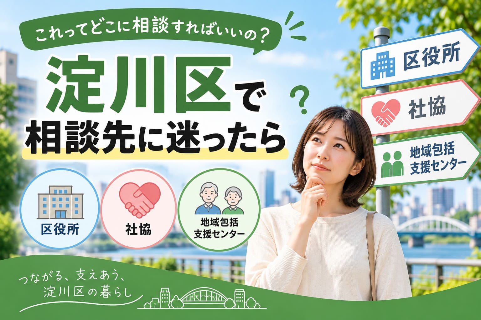 淀川区で相談先に迷ったときの区役所・社会福祉協議会・地域包括支援センターの使い分けを紹介するアイキャッチ画像