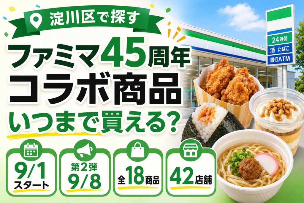 「ファミマ45周年コラボ商品を淀川区で探す記事のアイキャッチ。9月1日開始、第2弾9月8日、全18商品、淀川区42店舗を案内」