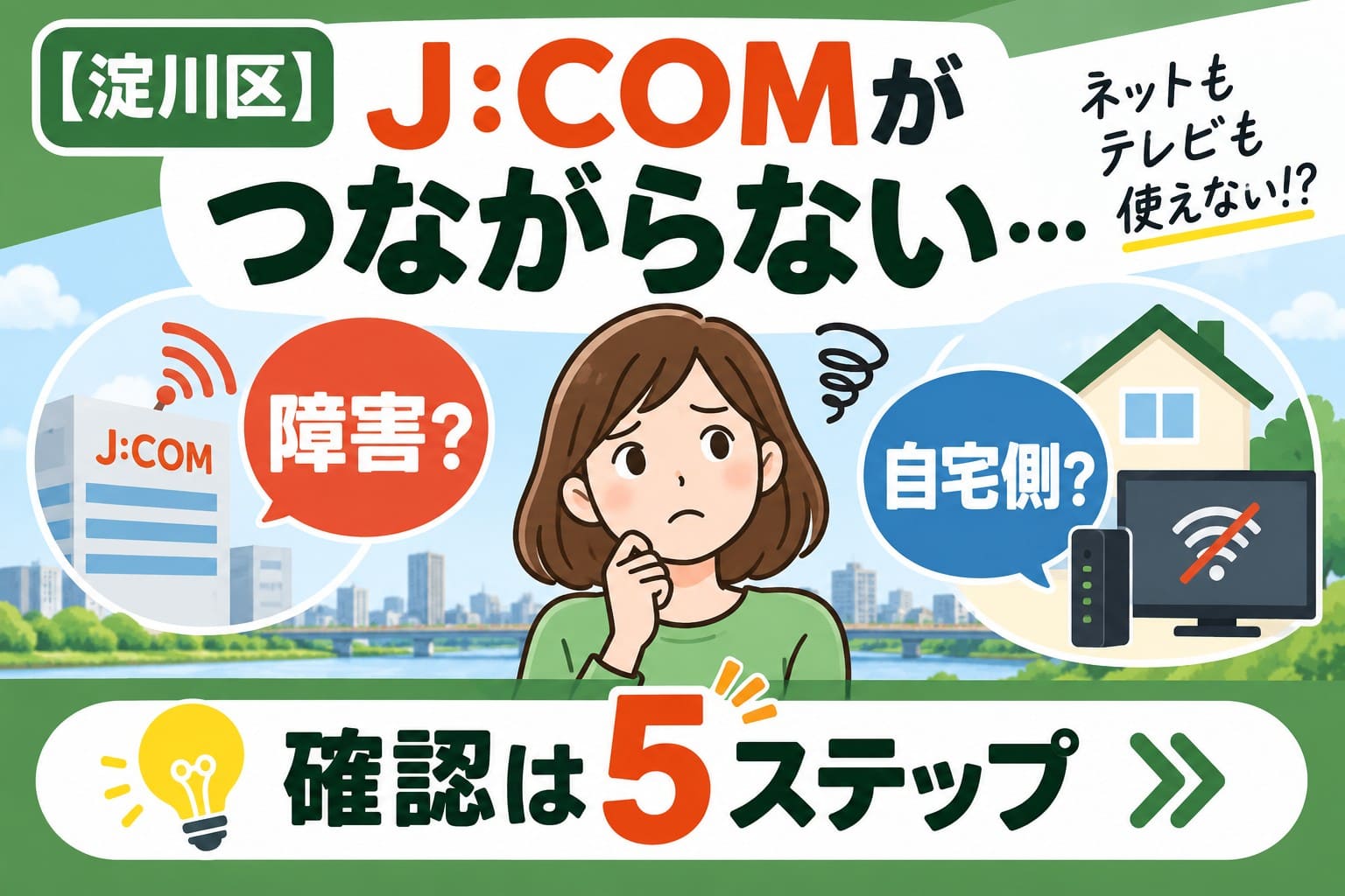 淀川区でJ:COMがつながらない時に、障害か自宅側の問題かを見分けるための5ステップを案内するアイキャッチ画像