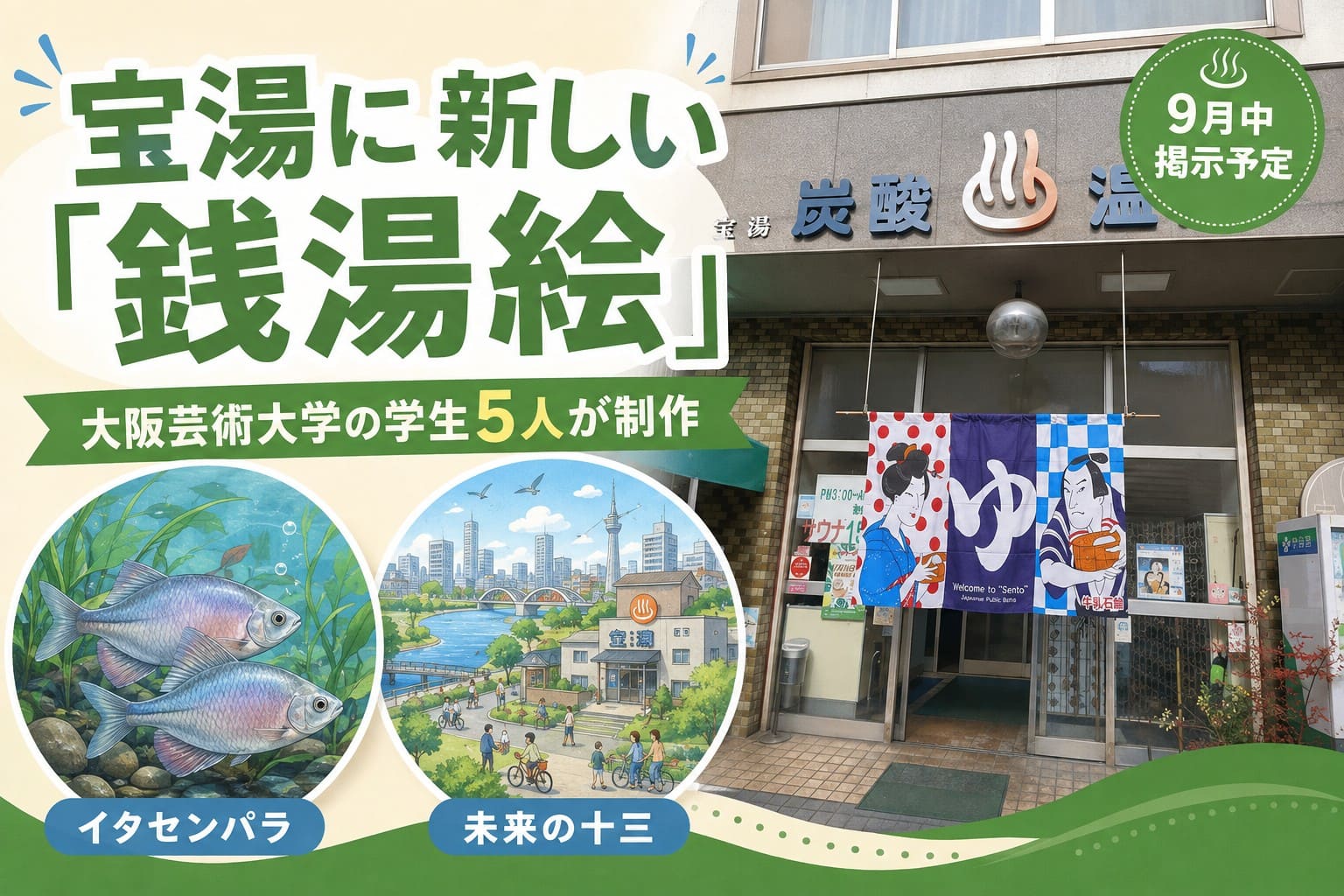 十三東の銭湯「宝湯」で始まる新しい銭湯絵プロジェクトを紹介するアイキャッチ画像。大阪芸術大学の学生5人が制作した「イタセンパラ」と「未来の十三」を表現している。