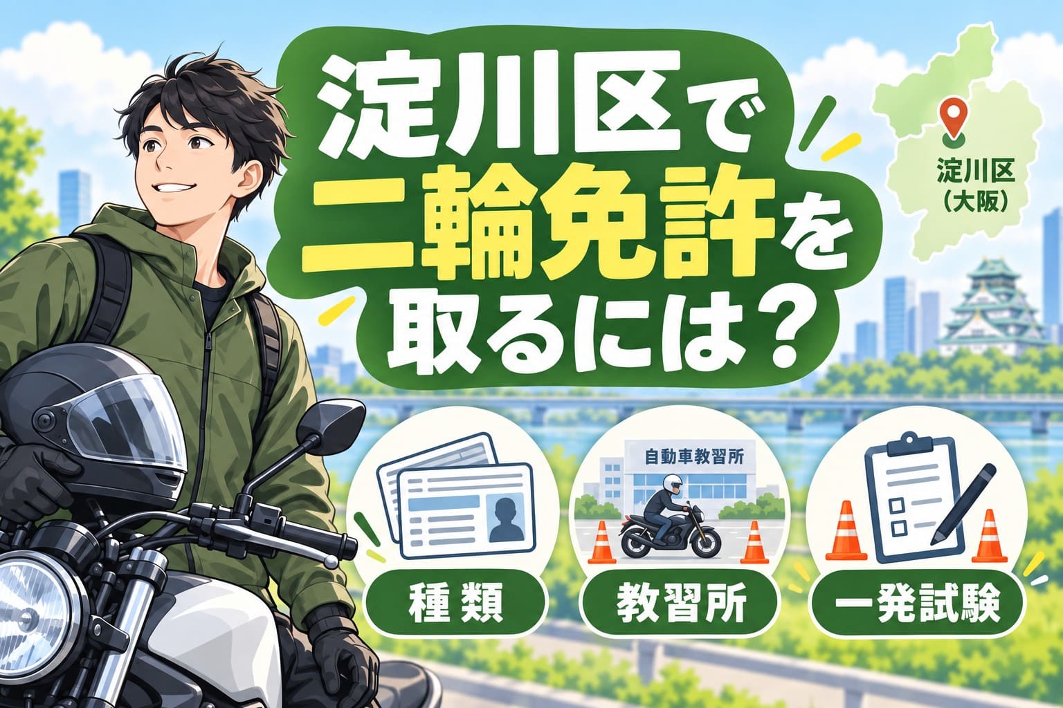 淀川区で二輪免許を取る方法を紹介するアイキャッチ画像。バイクと人物のイラスト、種類・教習所・一発試験の3要素を配置。