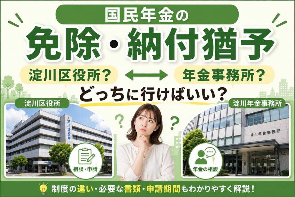 国民年金の免除・納付猶予について、淀川区役所と淀川年金事務所のどちらに相談すればよいかを案内するアイキャッチ画像