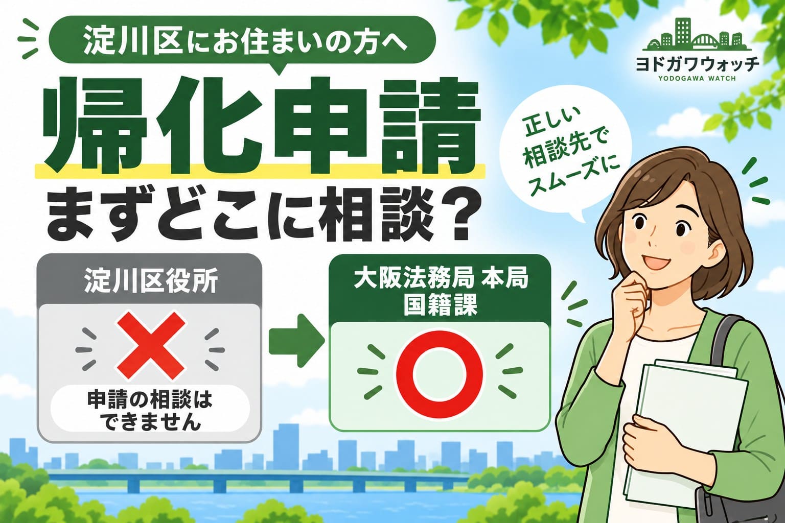 淀川区の帰化申請は区役所ではなく大阪法務局本局国籍課へ相談することを案内するアイキャッチ画像