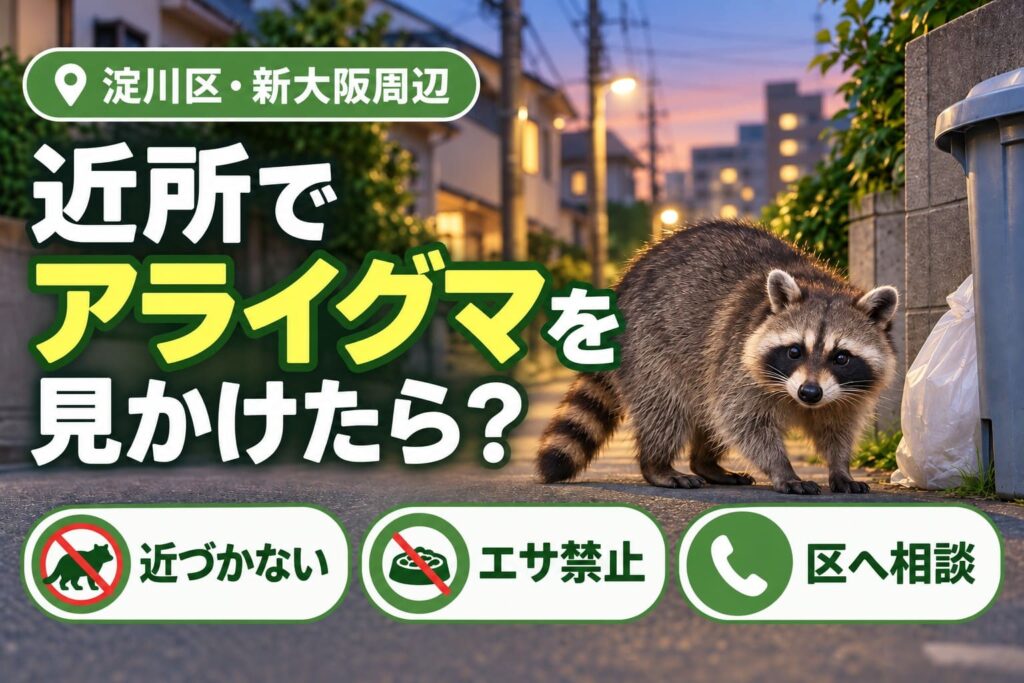 淀川区・新大阪周辺でアライグマを見かけたときの注意点を紹介するアイキャッチ画像。夜の住宅街にアライグマが写り、「近づかない・エサ禁止・区へ相談」と表示されている。
