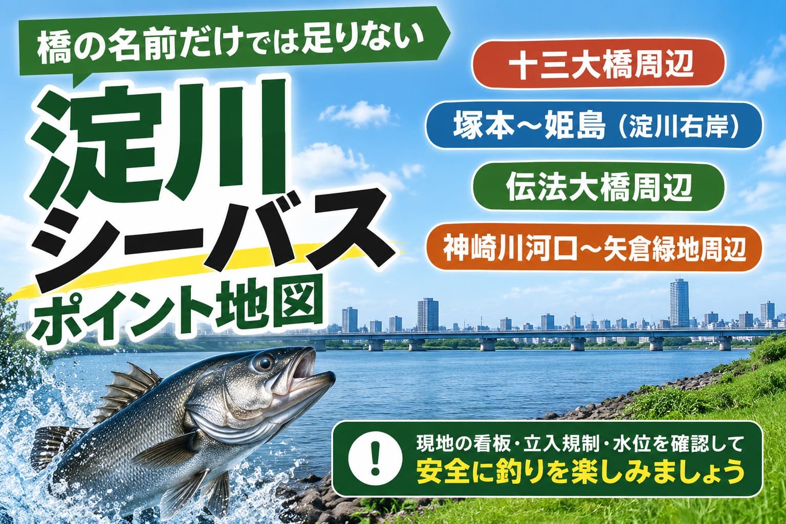 淀川シーバスの候補ポイント4エリアを紹介するアイキャッチ。十三大橋周辺、塚本〜姫島の淀川右岸、伝法大橋周辺、神崎川河口〜矢倉緑地周辺を掲載。