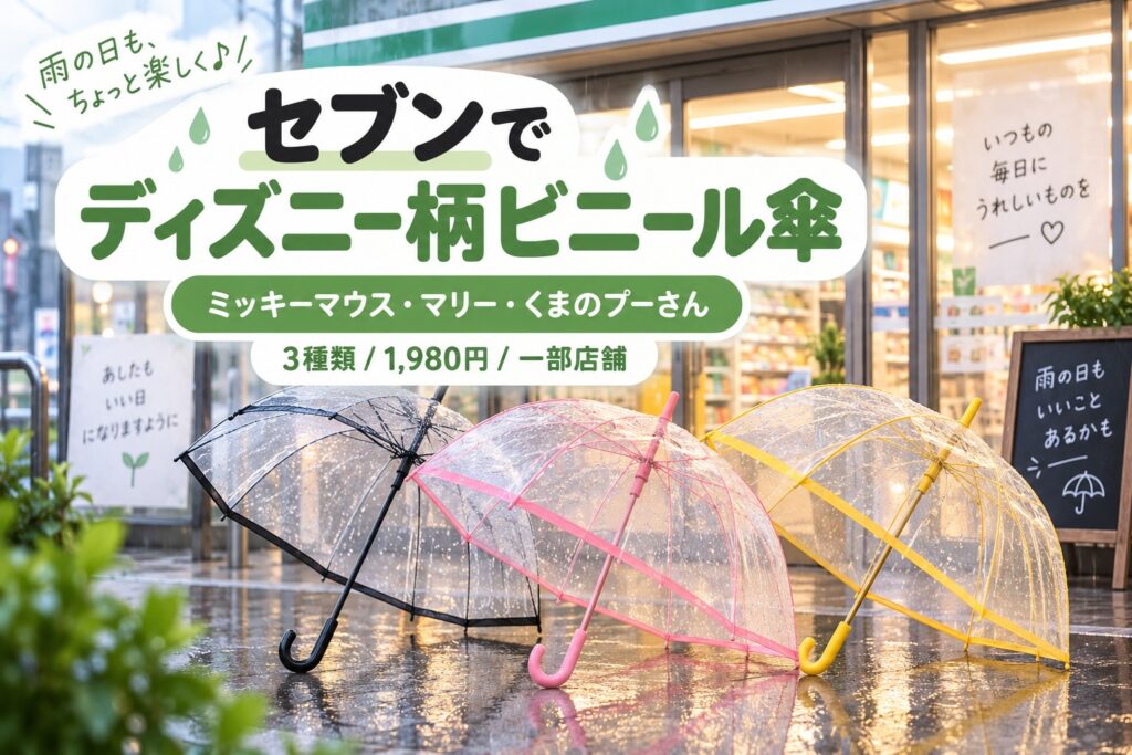 淀川区のセブンで販売されるディズニー柄ビニール傘をイメージしたアイキャッチ画像