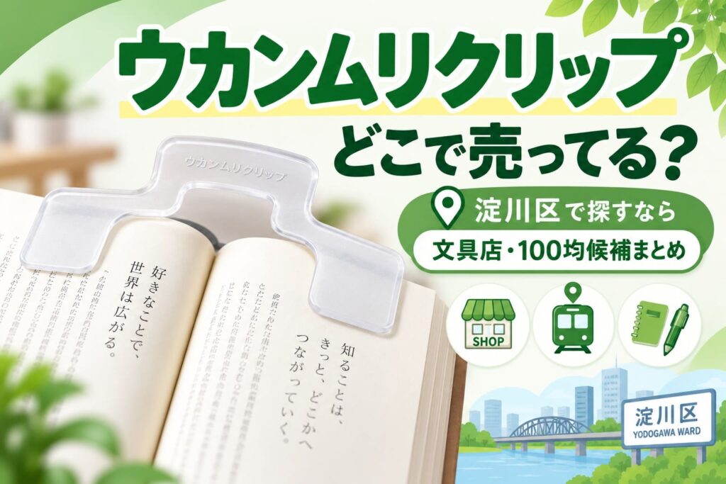淀川区でウカンムリクリップを探す記事のアイキャッチ画像。開いた本に透明なウカンムリクリップを載せ、文具店・100均候補を紹介している。