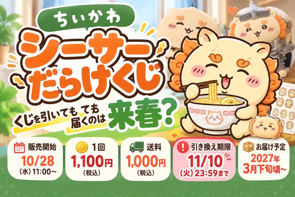 ちいかわ「シーサーだらけくじ」の販売開始日、価格、送料、引き換え期限、2027年3月下旬からのお届け予定を紹介するアイキャッチ画像