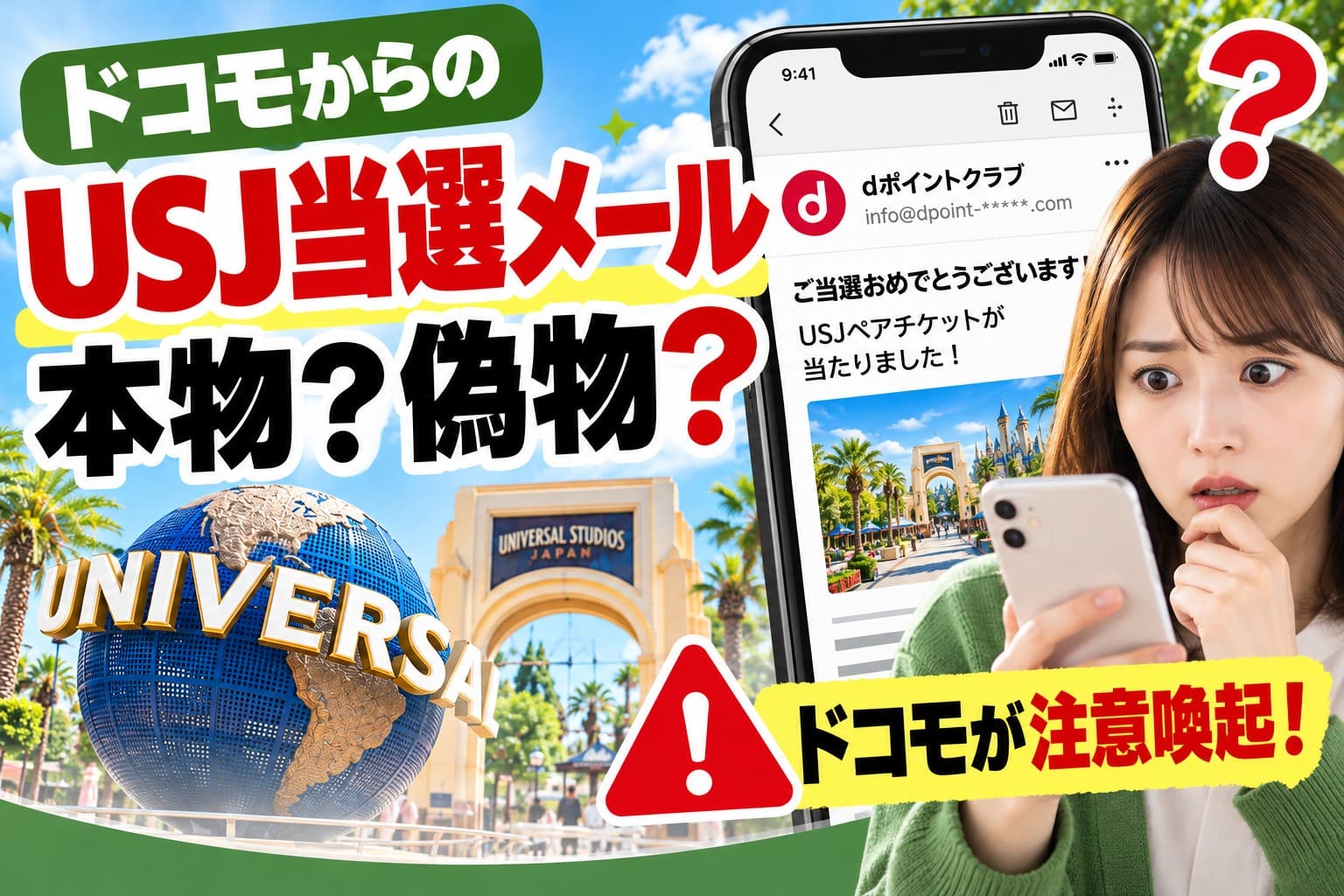 ドコモのUSJ当選メールは本物か偽物かを解説するアイキャッチ。USJの風景、不審なメールが表示されたスマホ、注意喚起の文字を配置。