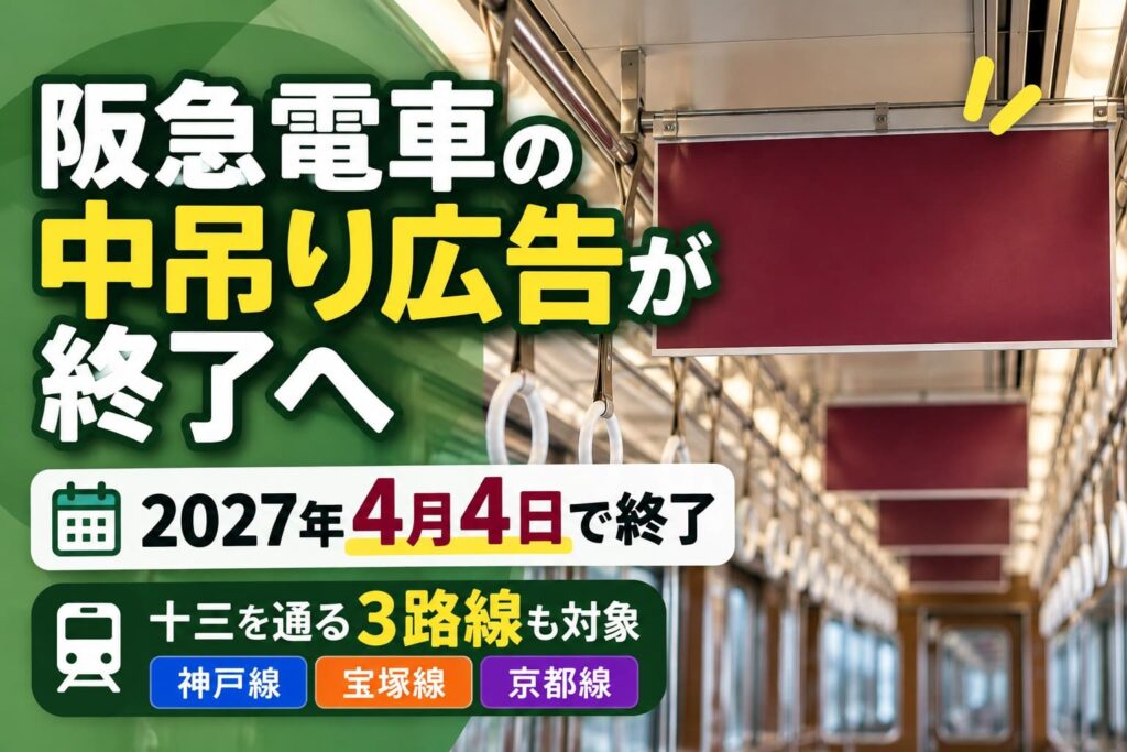 阪急電車の中吊り広告が2027年4月4日に終了。十三駅を通る神戸線・宝塚線・京都線も対象となることを伝えるイメージ画像。