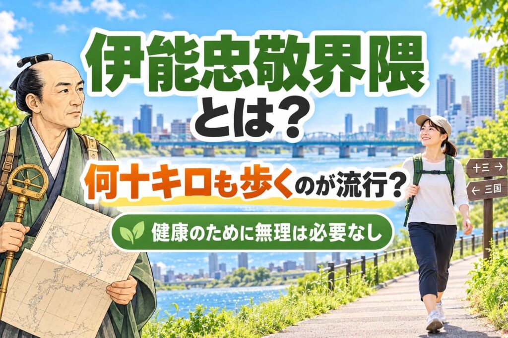 伊能忠敬界隈とは？長距離ウォーキングの流行と健康への影響を、伊能忠敬のイラストと淀川沿いを歩く女性で紹介した画像