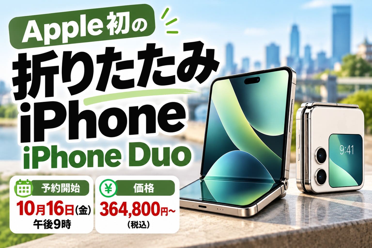 Apple初の折りたたみiPhone「iPhone Duo」と、2026年10月16日予約開始・36万4,800円からの価格を伝えるアイキャッチ画像