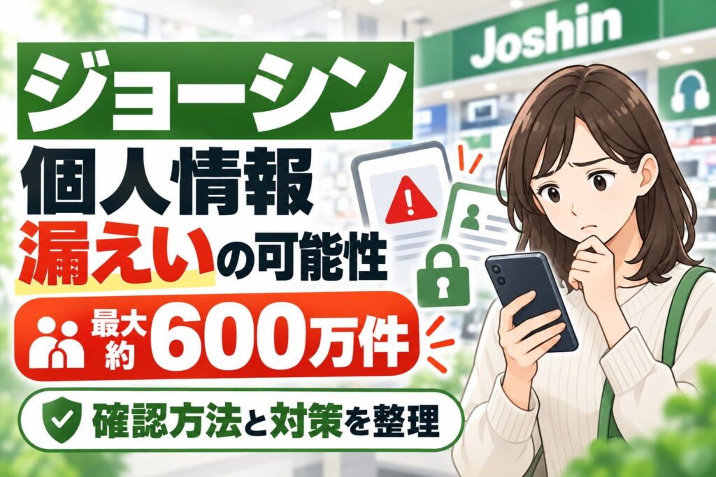ジョーシンの個人情報が最大約600万件漏えいした可能性を伝え、対象者の確認方法と対策を紹介するイラスト