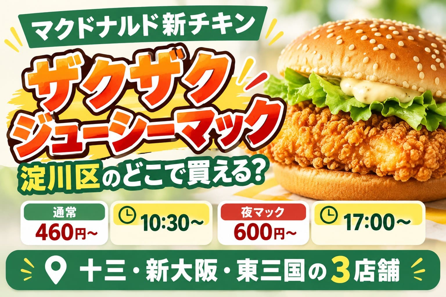 マクドナルドの新商品「ザクザクジューシーマック」の価格と販売時間、淀川区の十三西口店・新大阪阪急ビル店・東三国駅前店を紹介する画像