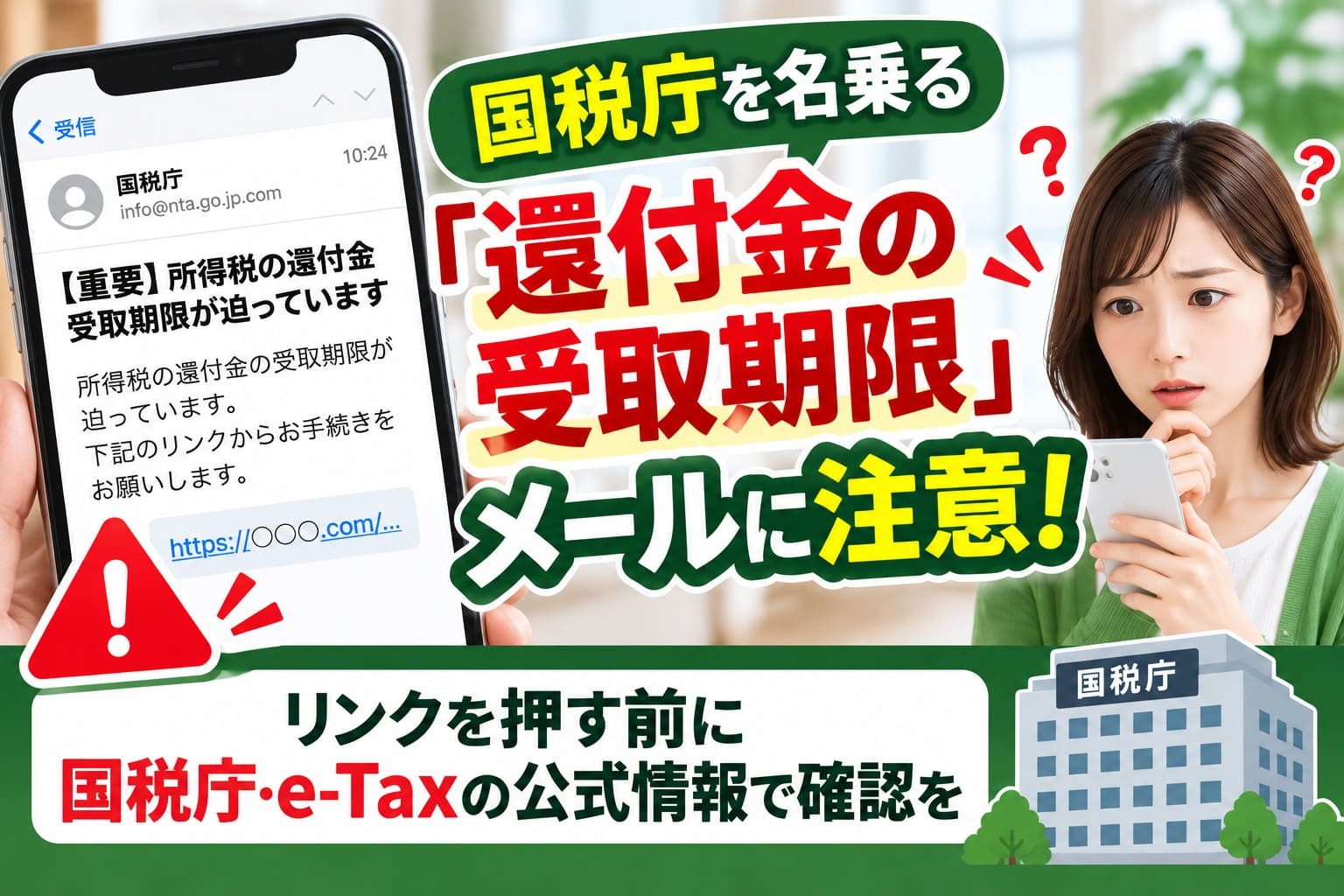 国税庁を名乗る「還付金の受取期限」メールへの注意喚起。スマートフォンに届いた不審なメールと、公式サイトでの確認を促す画像。
