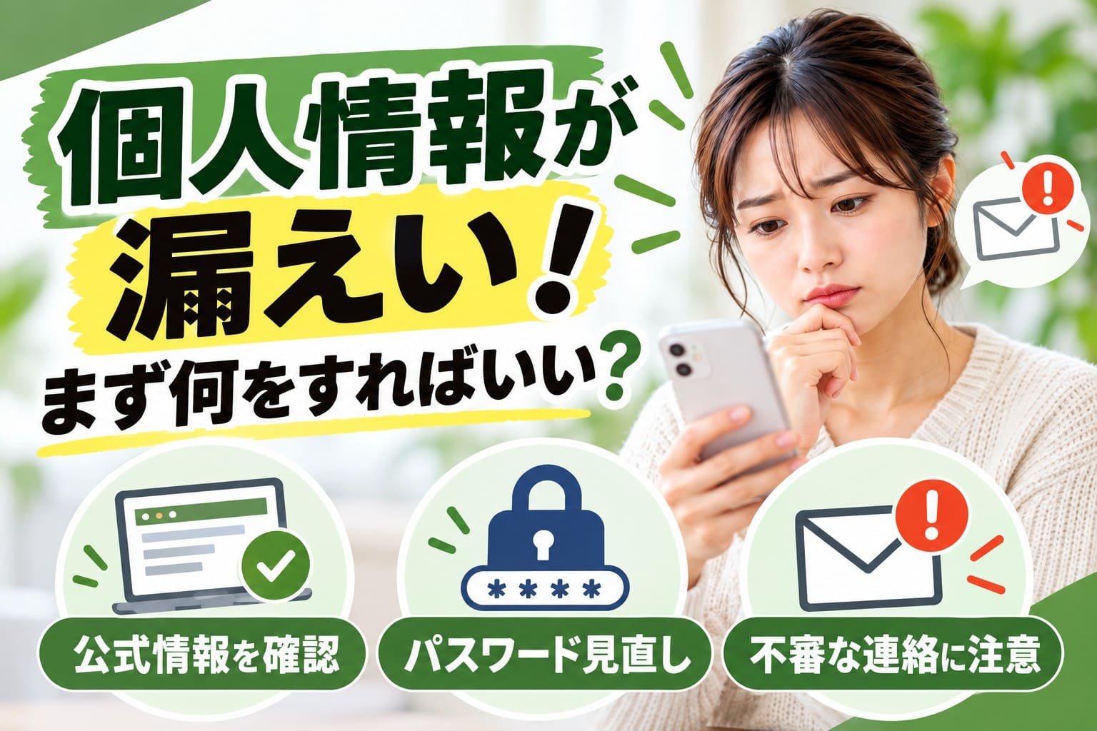 個人情報が漏えいしたときの確認方法を解説。スマートフォンを確認する女性と、運転免許証、メールアドレス、パスワード、クレジットカード情報、対策チェックリストのイメージ。