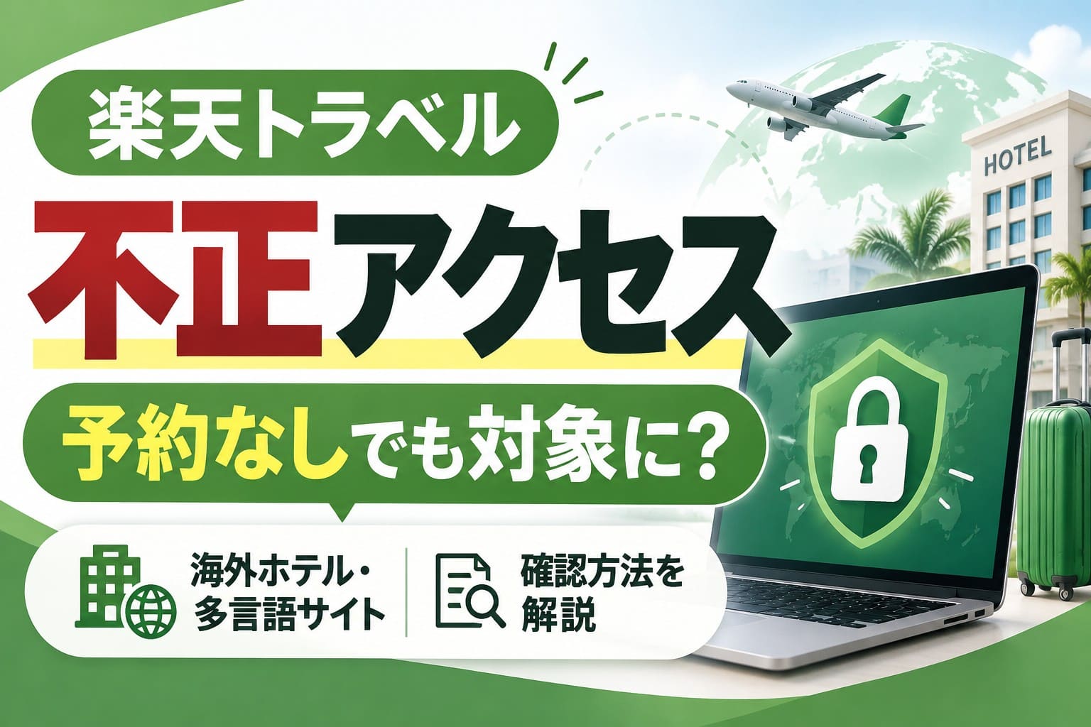 楽天トラベルの不正アクセスを解説する画像。「予約なしでも対象に?」の文字と、海外ホテル、飛行機、セキュリティを示す鍵のイラスト。