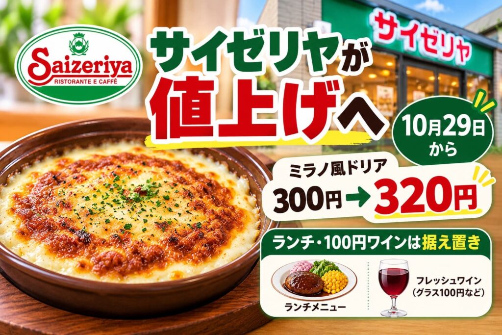 サイゼリヤが2026年10月29日から値上げ。ミラノ風ドリアは税込300円から320円に。ランチと100円ワインは価格据え置き