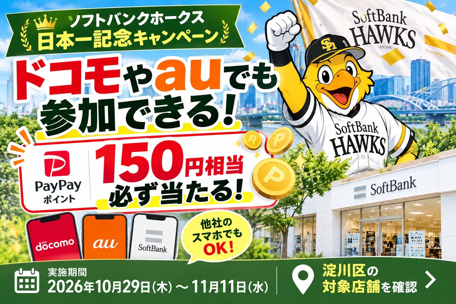 ソフトバンクホークス日本一記念キャンペーン2026。ドコモやauでも参加できる店頭抽選で、150円相当のPayPayポイントが必ず当たることを紹介する画像。