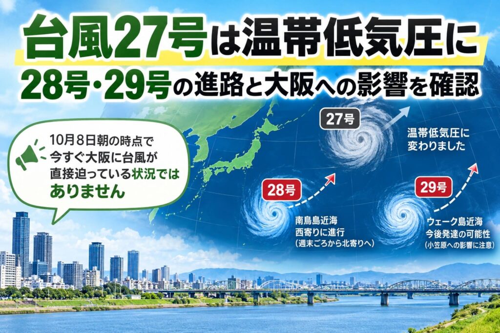 台風27号は温帯低気圧に変化。台風28号・29号の進路と大阪・淀川区への影響を伝える2026年10月8日朝の情報