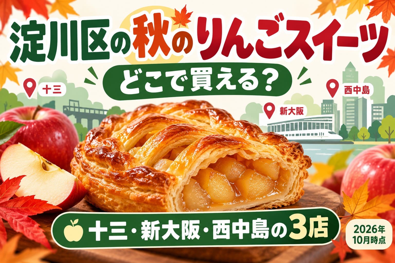 淀川区の秋のりんごスイーツ特集。十三のパリジーノ、新大阪のりくろーおじさんの店、西中島のパティスリー・ジョナを紹介するイメージ画像。
