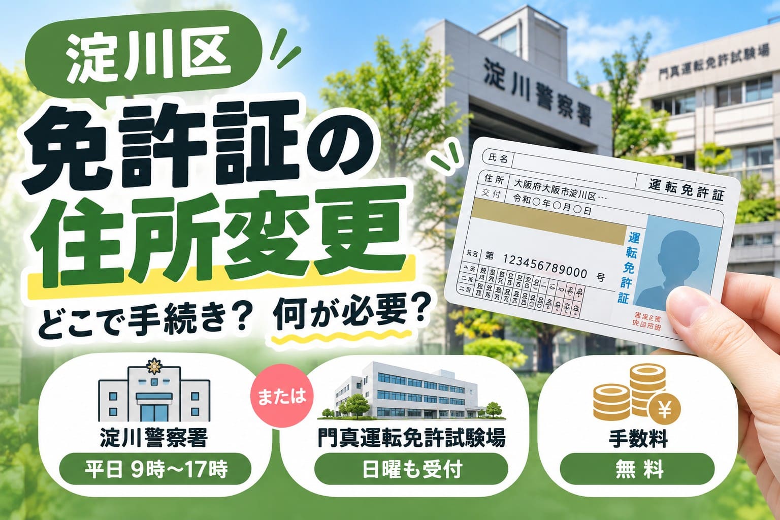 淀川区での運転免許証の住所変更方法。淀川警察署の平日受付、門真運転免許試験場の日曜受付、手数料無料を案内する画像。