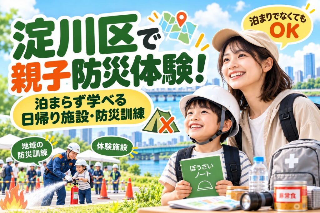 淀川区で親子が防災を学ぶ方法を紹介するアイキャッチ画像。日帰り防災体験や地域の防災訓練、非常用品を親子のイメージとともに描いている。