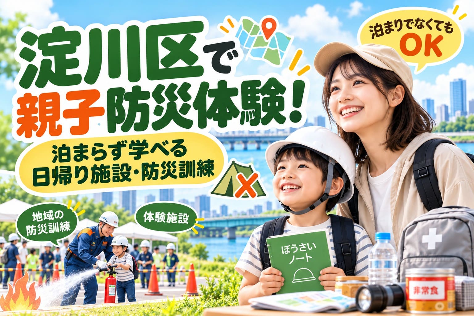 淀川区で親子が防災を学ぶ方法を紹介するアイキャッチ画像。日帰り防災体験や地域の防災訓練、非常用品を親子のイメージとともに描いている。